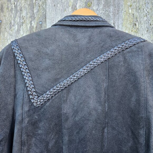 Vintage Black Leather Trench Coat jacket Womens Size L Braided Trim Mid Length - Picture 9 of 14